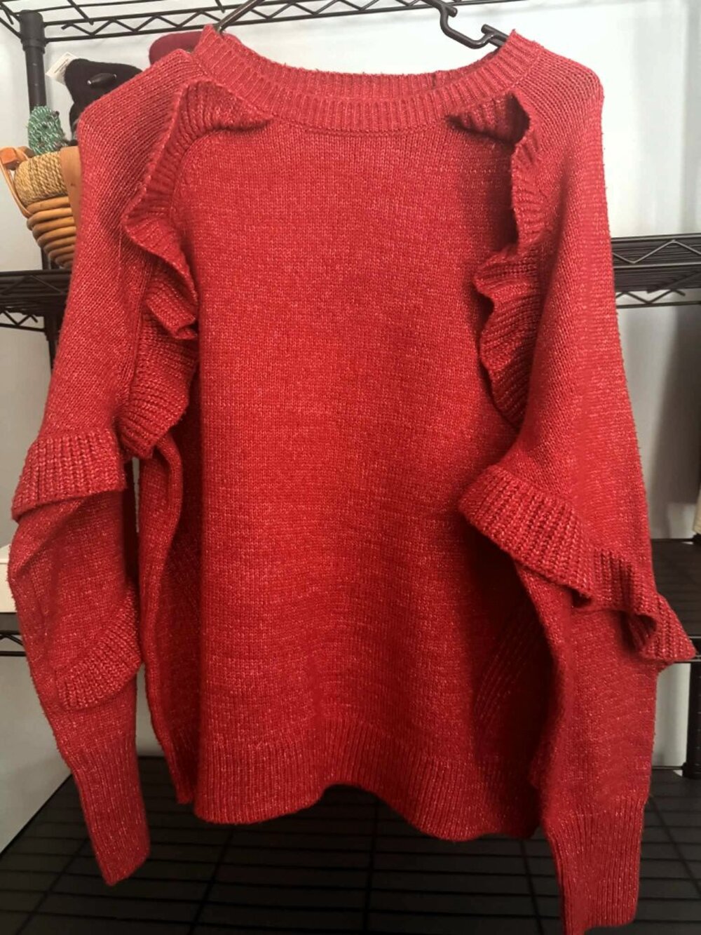 Time & Tru Red Ruffle Knit Sweater • XL • Textured Cozy Pullover